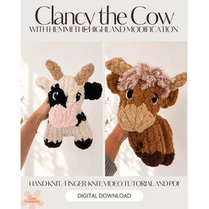 Clancy la vaca / Hemmi la vaca de las Tierras Altas / Patrón PDF de peluche tejido a mano con punto grueso + videotutorial