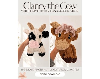 Clancy la vaca / Hemmi la vaca de las Tierras Altas / Patrón PDF de peluche tejido a mano con punto grueso + videotutorial