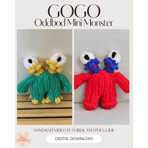May include: GOGO Oddbod Mini Monster digital download, hand knit video tutorial and PDF guide. Two plush toys are shown: one green with yellow accents and one red with blue accents, both featuring two white eyes with black pupils on stalks.