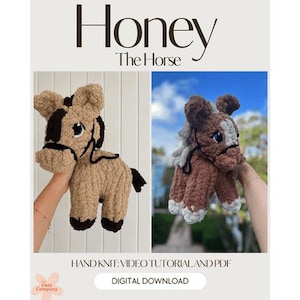 May include: The image showcases two hand-knitted horse plushies. One is tan with black accents, the other is brown with gray accents. The text "Honey The Horse" is at the top, with "Hand Knit: Video Tutorial and PDF" and "Digital Download" at the bottom.
