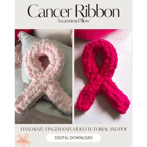 Finger Knit Breast Cancer Awareness Ribbon Pillow-picture Instructions--Instant Download-PDF guide- beginner friendly