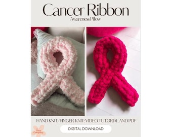 Finger Knit Breast Cancer Awareness Ribbon Pillow-picture Instructions--Instant Download-PDF guide- beginner friendly