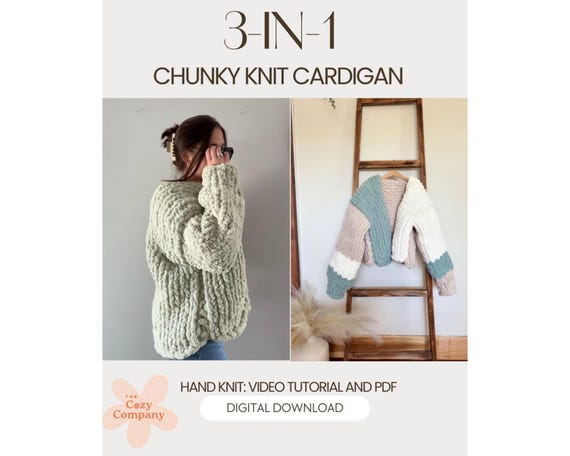 Chunky Knit Cardigan Hand Knitting Tutorial | 3-in-1 Sizes (PDF + Video) | Chunky Knit Sweater
