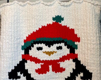 Penguin Christmas Chunky Knit Blanket Pattern/ Hand Knitting/ Finger Knitting
