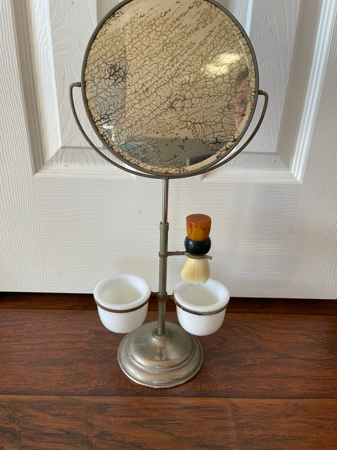 Vintage Mens SHAVING MIRROR STAND Brush and 2 milk glass cups Etsy