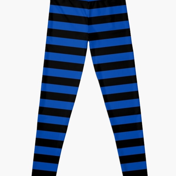 Cobalt Blue and Black Horizontal Printed Yoga Pants Leggings for Women, Stripes Party Leggings, Workout Leggings, Leggings for Women