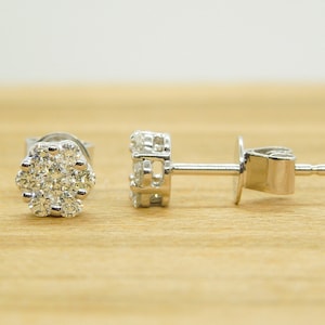 14K White Gold Diamond Cluster Stud Earrings, Diamond Cluster Flower Earrings, Diamond Cluster Studs, Invisible Set Round Diamond Studs