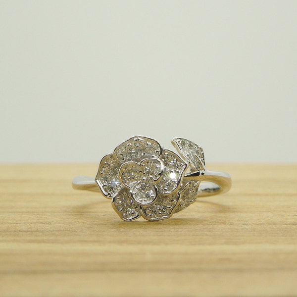 Rose Ring, 14K White Gold Diamond Rose Flower Ring, Diamond Flower Ring, Floral Ring