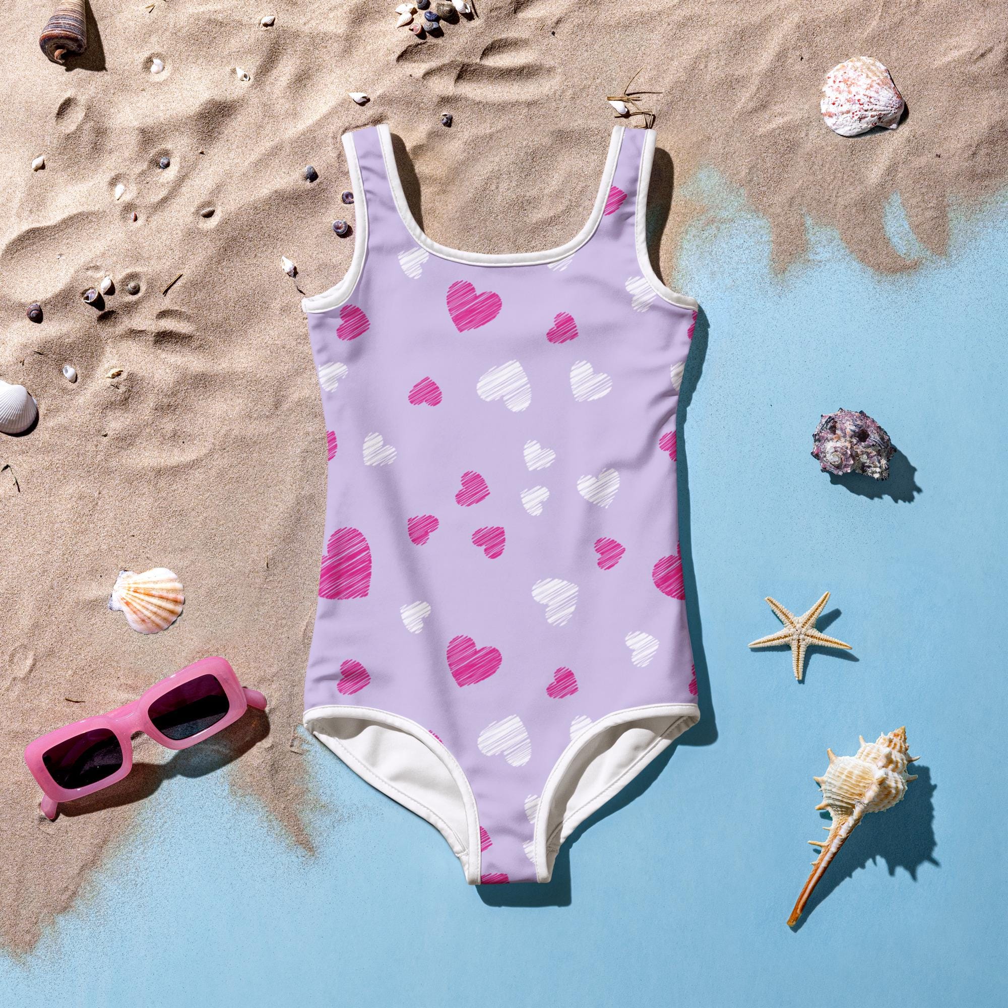 Lavender Heart Pattern Girls Swimsuit – Pink & White Scribble Hearts ...