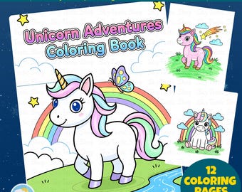 Puede incluir: Un libro para colorear de descarga digital titulado "Unicorn Adventures Coloring Book". La portada presenta un unicornio blanco con melena y cola de arcoíris, una mariposa y un arcoíris. El texto "Instant Download Coloring Book" y "Easy, Simple Pages for Little Hands" está en la parte superior.