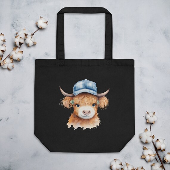 Borsa della spesa in iuta Highland Cow - Regalo/regalo per la spesa con vitello di prato floreale - Borsa della spesa riutilizzabile con tasca frontale - Italia