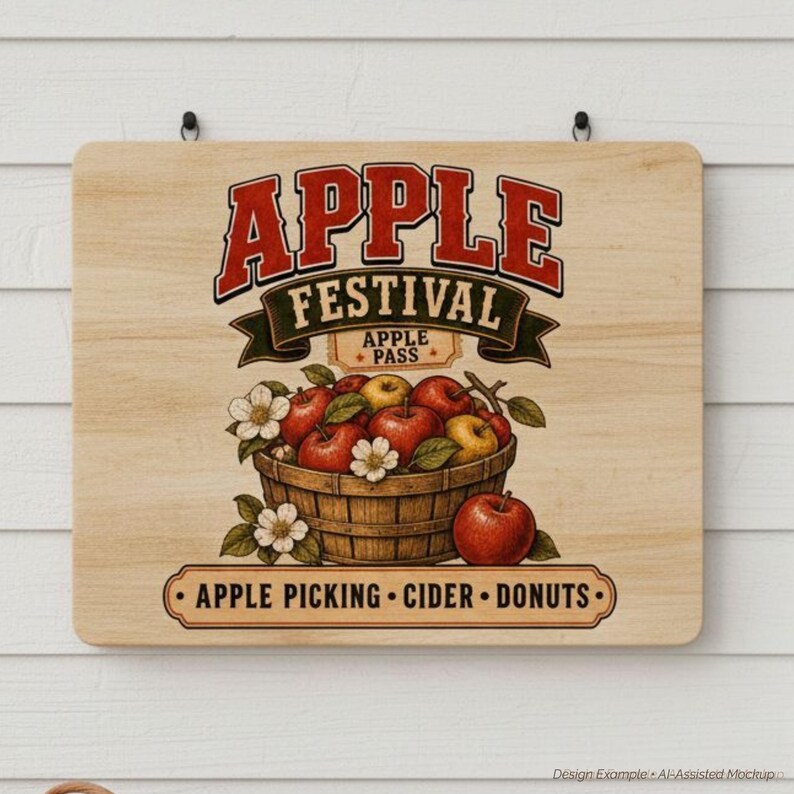May include: A rectangular wooden sign featuring a graphic of a basket filled with red apples and white blossoms. The text reads APPLE FESTIVAL, APPLE PASS, and APPLE PICKING CIDER DONUTS. The design uses red, green, and black ink on a light wood grain.