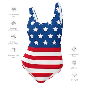American Flag Swimwear | 4th of July | Patriotic One Piece Swim Suit | All-Over Print | Women One Piece Swimwear | Matching Suit
