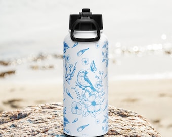 Botella de agua de acero inoxidable con diseño floral de pájaro azul y tapa con pajita - Botella de viaje térmica de 947 ml con asa - Regalo de diseño natural - Regalo para mamá