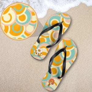 Retro Cartoon Blumen Flip Flops, Groovy 70er Sommer Sandalen, Bunte Sommerschuhe, Urlaub