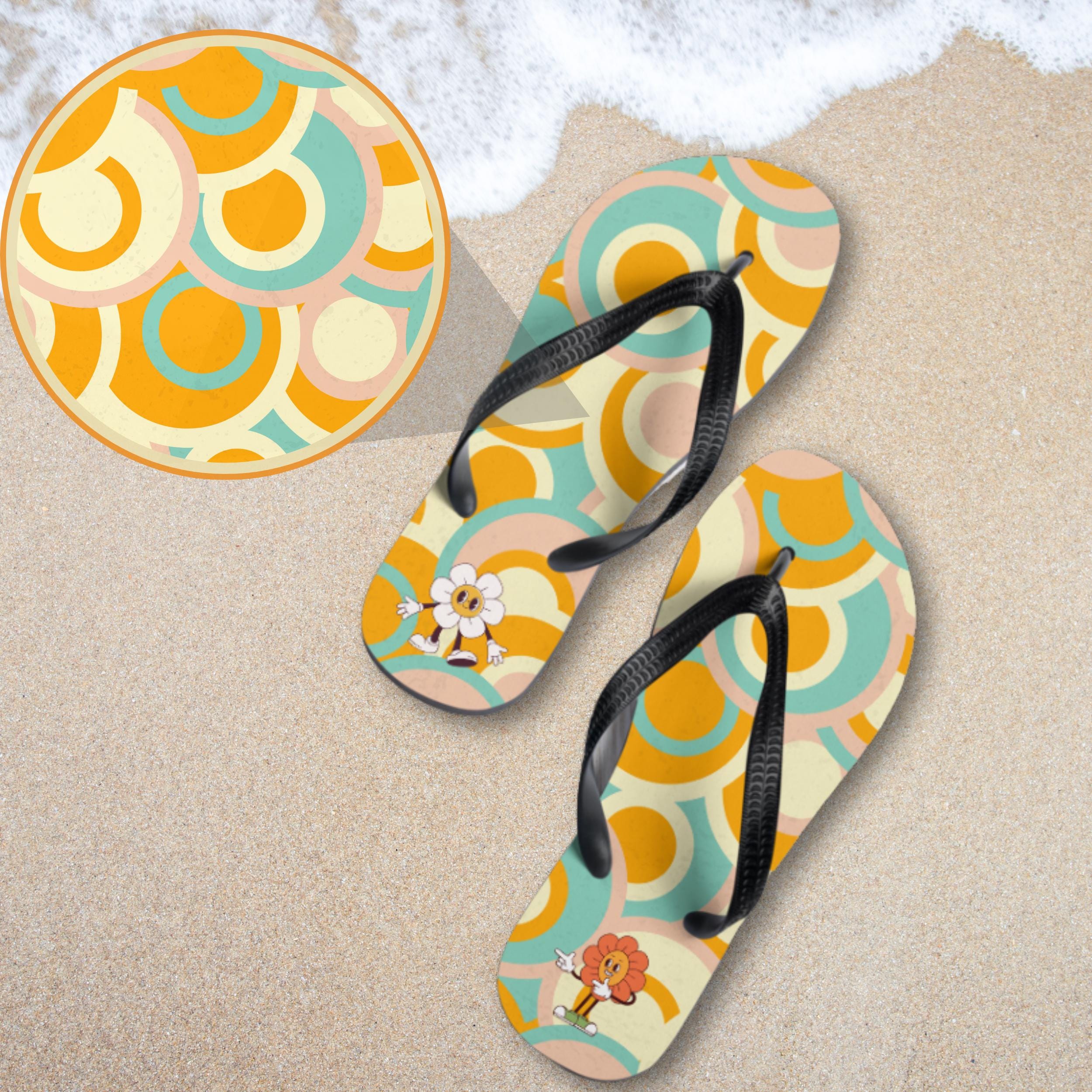 Retro Cartoon Flower Flip Flops, Groovy 70s Summer Sandals