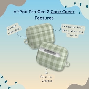 Puede incluir: Funda para AirPod Pro Gen 2 con un diseño de cuadros verdes y blancos. La funda es duradera y ligera, con puertos para cargar. El diseño está impreso en la parte delantera, trasera, laterales y tapa superior.