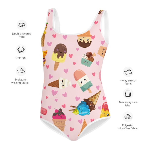 Ice Cream Pattern Youth Swimsuit | Girls Youth One-Piece Swimsuit | Kawaii Suit | Pink | Summer Vacation | Youth Swimwear