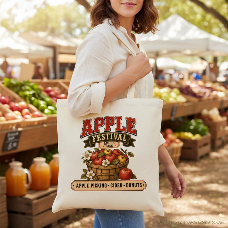 May include: A cream-colored canvas tote bag featuring a graphic print of a wooden basket filled with red apples and white blossoms. The text reads Apple Festival, Apple Pass, and Apple Picking, Cider, Donuts in a vintage-style font design.