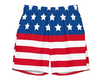独立記念日用水泳パンツ | 愛国的な星 | 国旗のストライプと星 | メンズ水泳パンツ | 全面プリント | お揃いの水着