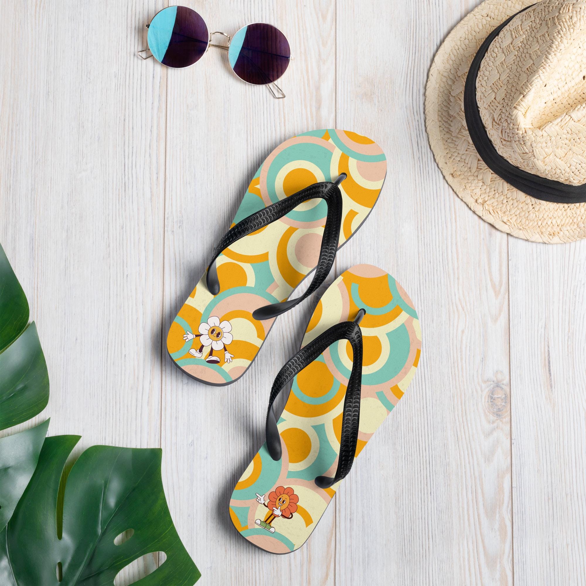 Retro Cartoon Flower Flip Flops, Groovy 70s Summer Sandals
