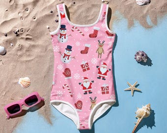 Festive Fun Pattern Kids Bathing Suit – Holiday Cheer with Snowmen, Santa, and More