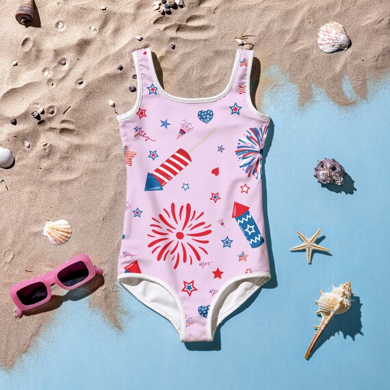 4th of July Pattern Kids Swimsuit | Girls Kids One-Piece Swimsuit |Fourth of July Suit | Pink | Summer | Kids Swimwear | Toddler Suit