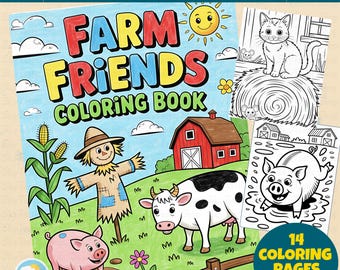 Libro para colorear imprimible de animales de granja / Dibujos para colorear de adorables amigos de la granja para niños / PDF de 14 páginas / Libro de actividades de descarga instantánea