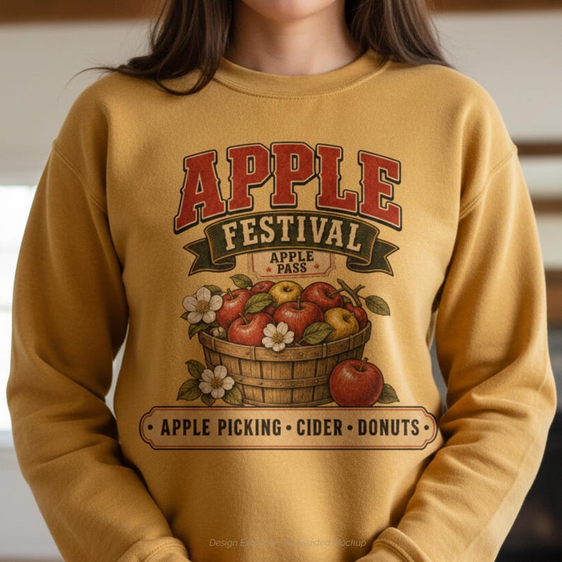 May include: A mustard yellow crewneck sweatshirt featuring a graphic print that reads APPLE FESTIVAL APPLE PASS with an illustration of a wooden basket filled with red and yellow apples, white blossoms, and the text APPLE PICKING CIDER DONUTS.