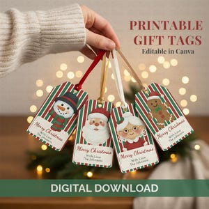 May include: Printable Christmas gift tags with red and green striped backgrounds. Each tag features a different festive character: a snowman, Santa Claus, Mrs. Claus, and a gingerbread man. The tags read "Merry Christmas With Love The Johnsons."