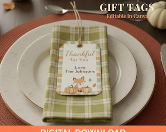 Thankful for You Gift Tags Printable | Editable Thanksgiving Treat Tag Template | Fall Appreciation Tag for Teachers & Coworkers | Canva