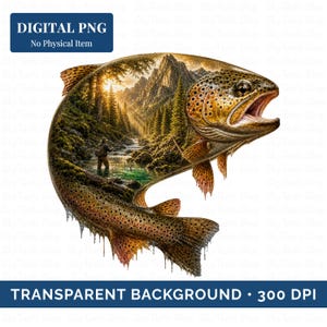 May include: A digital PNG graphic featuring a brown trout with a double exposure effect. Inside the fish silhouette is a landscape scene of a person fly fishing in a river surrounded by pine trees and mountains under a bright sun. Text reads DIGITAL PNG No Physical Item and TRANSPARENT BACKGROUND 300 DPI.
