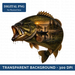 May include: A digital PNG graphic of a largemouth bass fish with an open mouth. The body of the fish features a double exposure scene of a person fishing from a boat on a lake at sunrise, surrounded by pine trees and misty water.