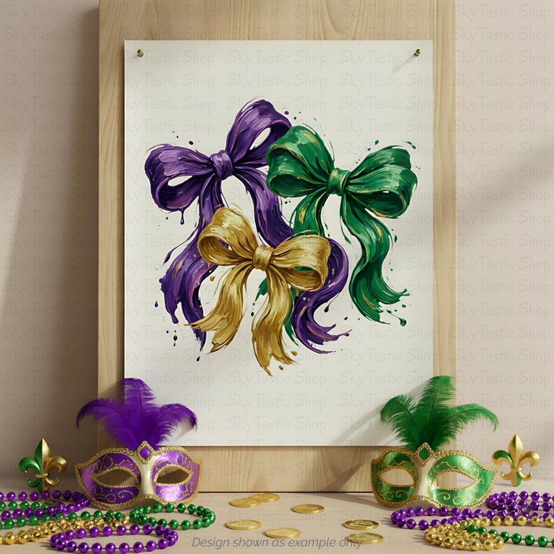 May include: A framed print featuring three colorful bows in purple, gold, and green. The bows are painted with a watercolor effect. The image also includes Mardi Gras masks, beads, and gold coins. The text "Design shown as example only" is visible.