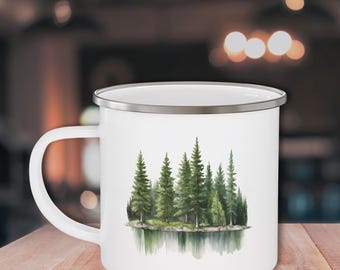 Watercolor Nature Enamel Camping Mug - 12oz Durable Outdoor Coffee Cup with Forest Design