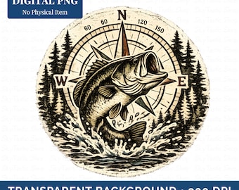 Vintage Bass Fishing Compass PNG, Rustic Lake House Decor Design, Cabin Lodge Wall Art Graphic, Outdoorsman Gift, Fishing Clipart