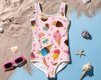 Ice Cream Pattern Kids Swimsuit | Girls Kids One-Piece Swimsuit | Kawaii Suit | Pink | Summer Vacation | Kids Swimwear | Toddler Suit