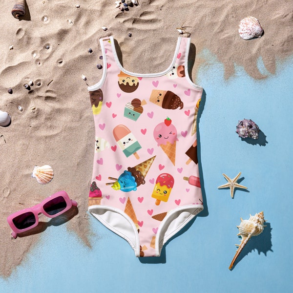 Ice Cream Pattern Kids Swimsuit | Girls Kids One-Piece Swimsuit | Kawaii Suit | Pink | Summer Vacation | Kids Swimwear | Toddler Suit
