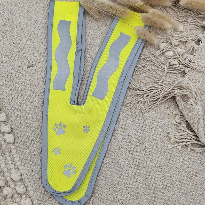 May include: Yellow safety vest with paw prints. The vest has a V-shape and is made of a reflective material.
