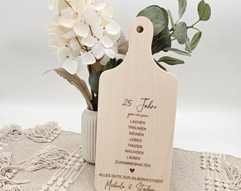 Personalized silver wedding anniversary gift: breakfast board, 25 years together, wooden board with names, wedding anniversary for couples