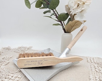Housewarming gift: Engraved wooden dustpan and brush set, "Four walls full of dreams", housewarming gift for a new house, topping-out ceremony gift set