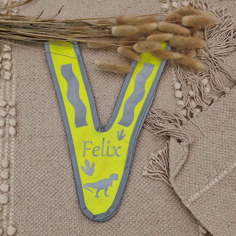 May include: A yellow safety vest with reflective strips and a dinosaur design. The vest has the name "Felix" printed on it.