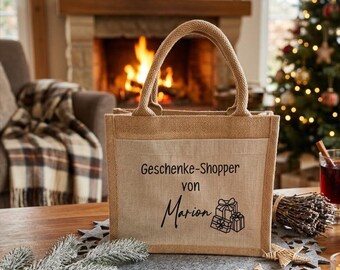 Personalized Jute Bag Gift Shopper | Jute Bag with Name | Gift Wrapping Tote Bag | Christmas Shopper Advent