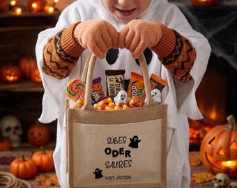 Personalized Halloween jute bag with name | "Trick or Treat" bag for kids | Mini tote bag | Halloween decoration gift
