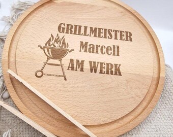 Personalized grilling board with engraving – Round wooden cutting board for grill masters – Steak board with name – Father's Day gift for men