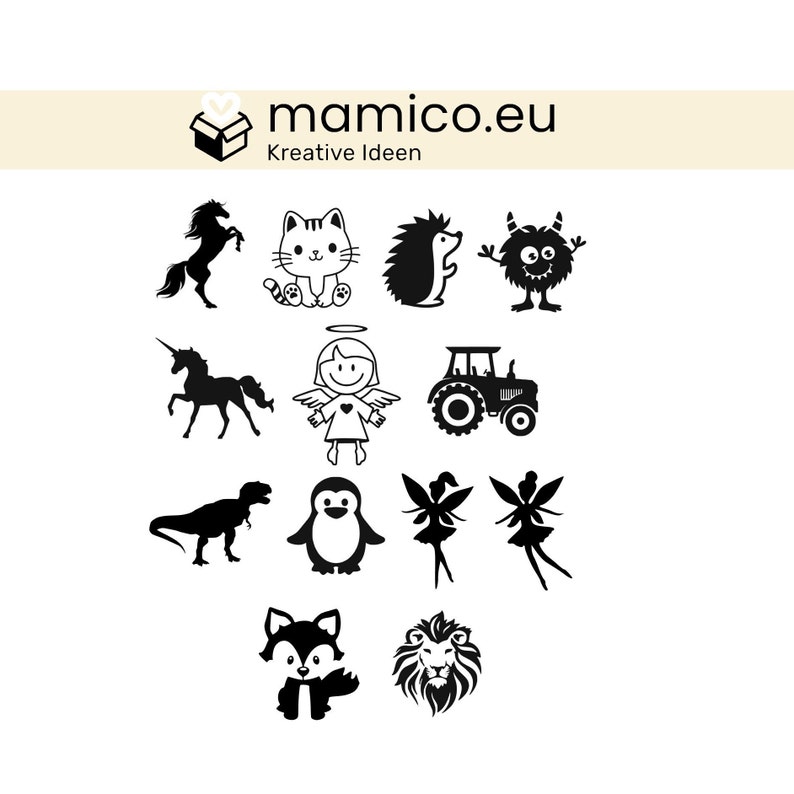 May include: A set of 12 black and white silhouette illustrations of various animals, including a cat, unicorn, fairy, lion, and more. mamico.eu Kreative Ideen.