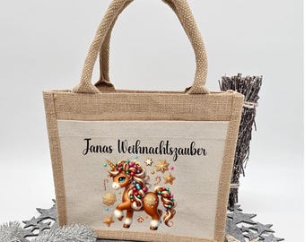 Personalized Christmas Magic Unicorn Jute Bag | Children's Jute Bag with Printed Name | Gift Bag Fabric Gingerbread Horse Trotting Advent