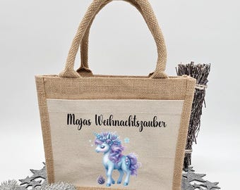 Personalized Unicorn Jute Bag with Name | Santa Claus Gift Bag Fabric | Children's Unicorn Jute Bag for Christmas and Advent