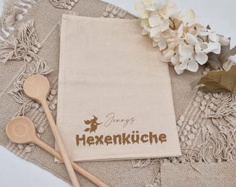 Personalized cotton kitchen towel – with name and witch motif