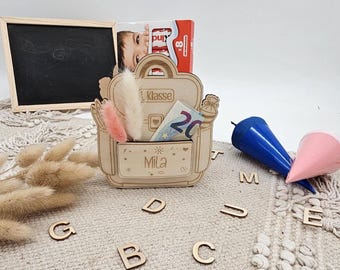 Personalized wooden schoolbag with name, back-to-school gift box & money gift, pencil holder for children